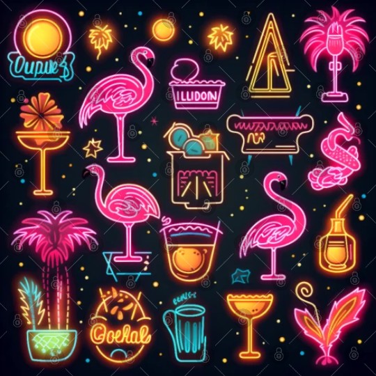 Neon Nightscape: Tropical Flamingos and Eclectic N Digital Files