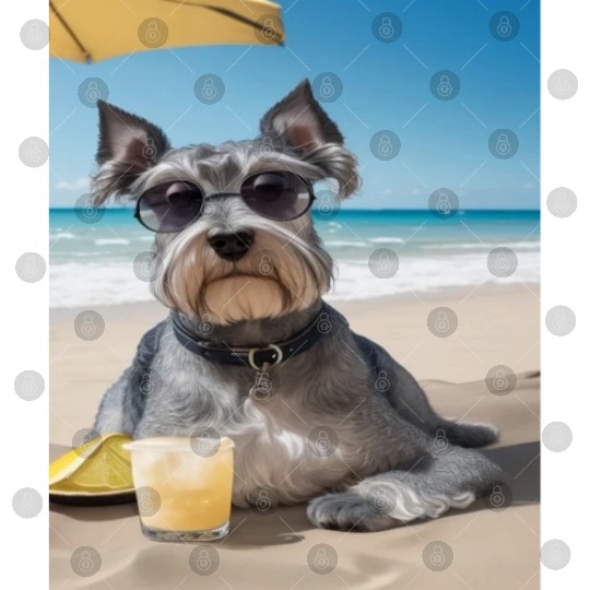 Schnauzer Chilling at Beach with a Drink Digital Files