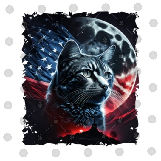 America cat under Moon with American Flag Digital Files