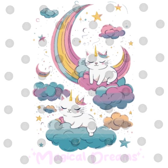 Magical Dreams Sleeping Cat Unicorns Pastel Clouds Digital Files