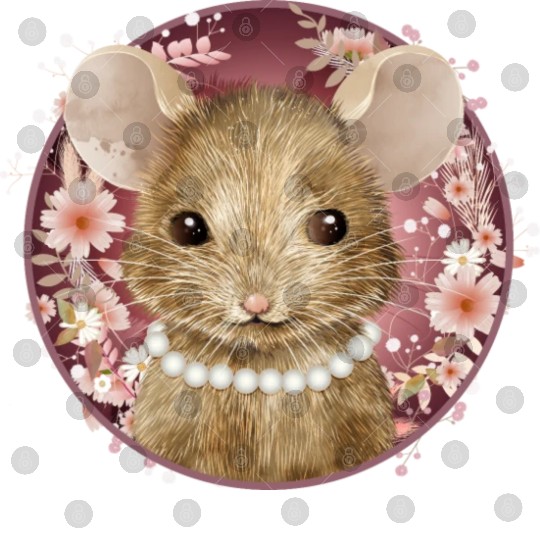Mouse girl with pearls in floral pink frame Digital Files