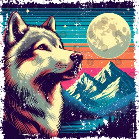 Retro Wolf Gazing at the Moon Digital Files