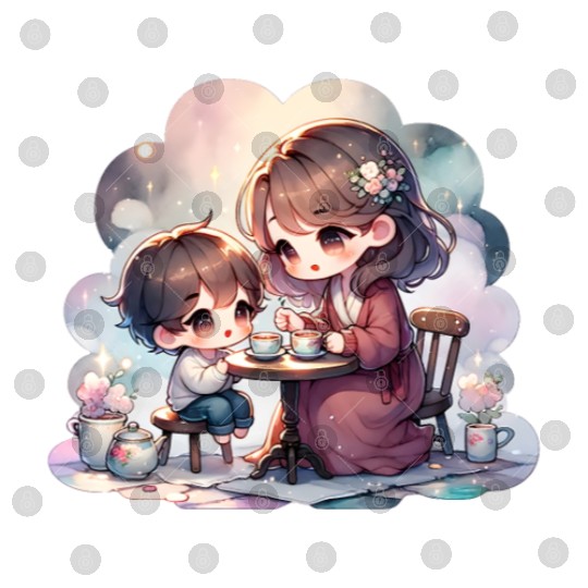 Mother and Son Enjoying a Cozy Tea Party Digital Files