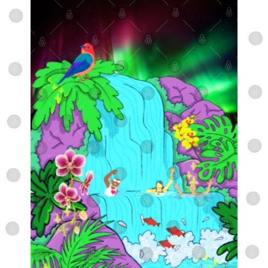 Northern Lights Waterfall Serenity with Swimmers Digital Files