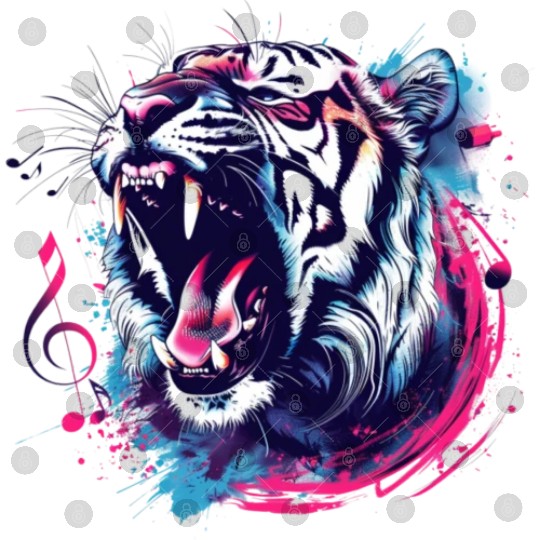 A fierce tiger roaring with musical notes emanatin Digital Files