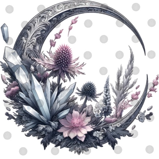 Crescent moon in silver, with crystals and flowers Digital Files