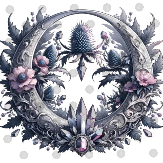 Crescent moon in silver, with crystals and flowers Digital Files