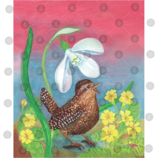 White Snowdrop & Wren Bird in Spring Illustration Digital Files