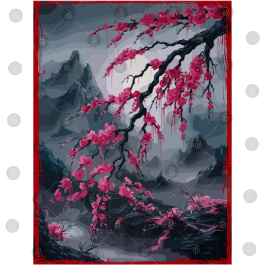 Vintage Cherry Blossom Landscape Graphical Digital Files