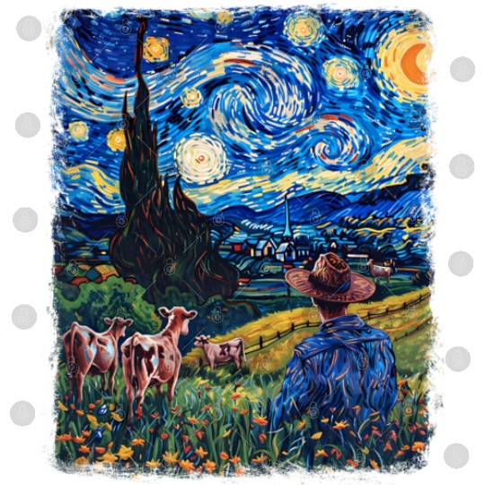 Cow Farmer Farming Farm Starry Night Painting Digital Files