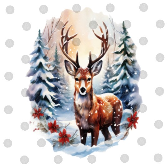 Christmas Deer with Poinsettia and Snow Digital Files