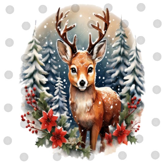 Christmas Deer with Poinsettia and Snow Digital Files