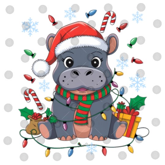 Cute Christmas Hippo - Holiday Lights and Gifts Digital Files