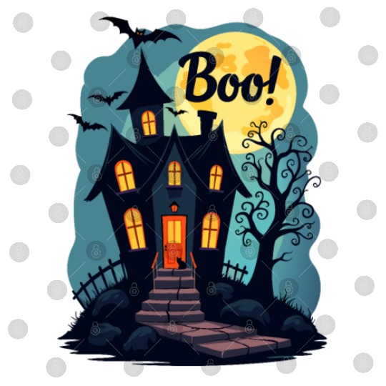 spooky haunted house with a black cat sitting Digital Files