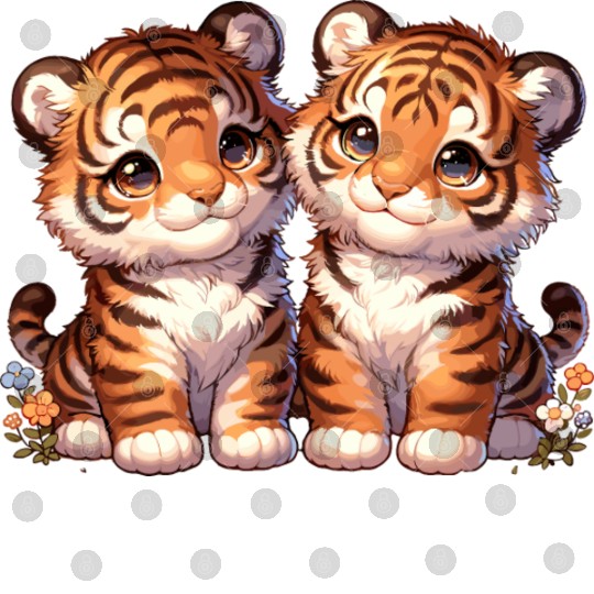 Adorable Twin Tiger Cubs Illustration with Flowers Digital Files