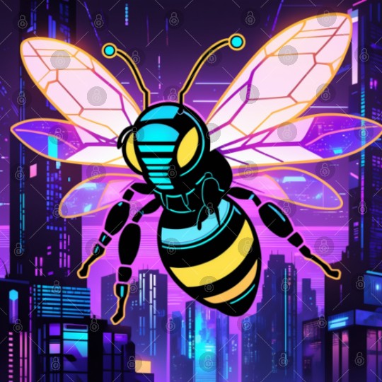 A bee cyberpunk-style with glowing neon stripes Digital Files