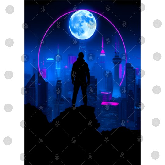 Neon Futuristic Skyline with Glowing Moon Digital Files