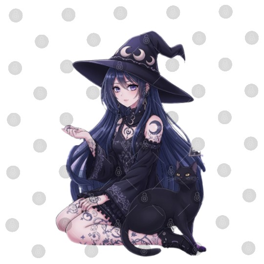 Dark Fantasy Anime Girl & Gothic Black Cat Art Digital Files