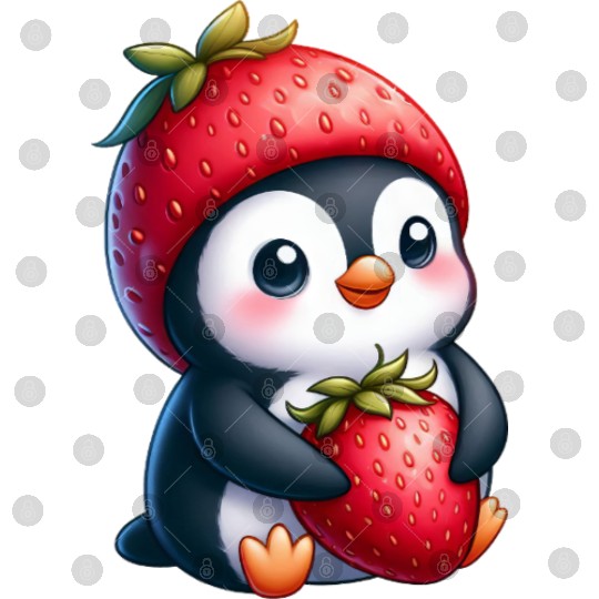 Cute penguin with strawberry cartoon summer fun Digital Files