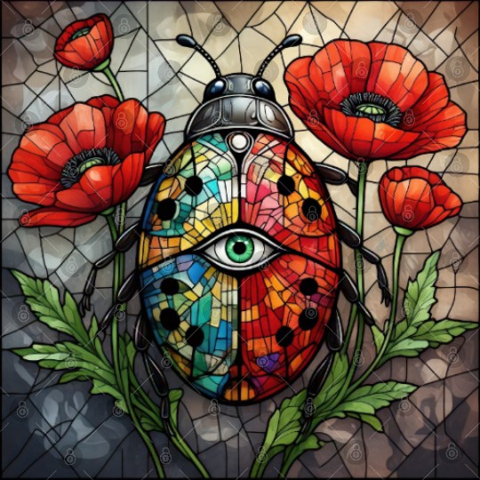 Ladybug stained glass vibrant poppy flower insect Digital Files