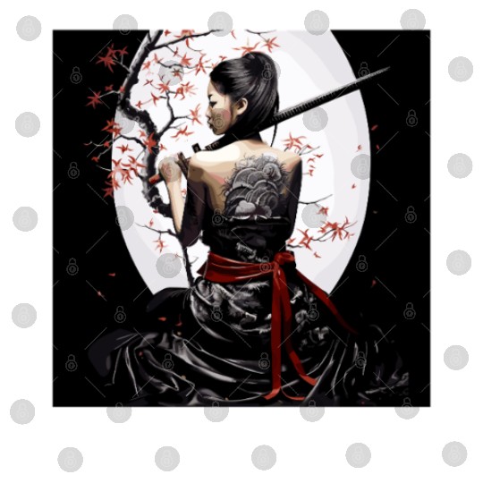 Samurai Serenity: Woman with Sword Under Cherry Digital Files