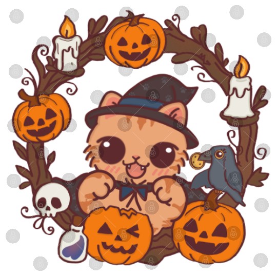 Whimsical Halloween Cat with Pumpkin Magic Digital Files