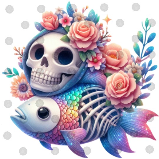 Whimsical Skull and Fish Floral Fusion Digital Files