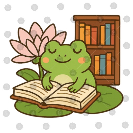 Serene Frog Reading Book Under Lotus Digital Files
