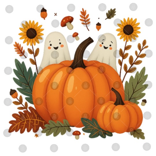 Cute Halloween Ghosts with Pumpkins and Autumn Digital Files