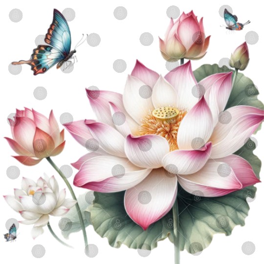 Light Pink Lotus and Butterflies  Digital Files
