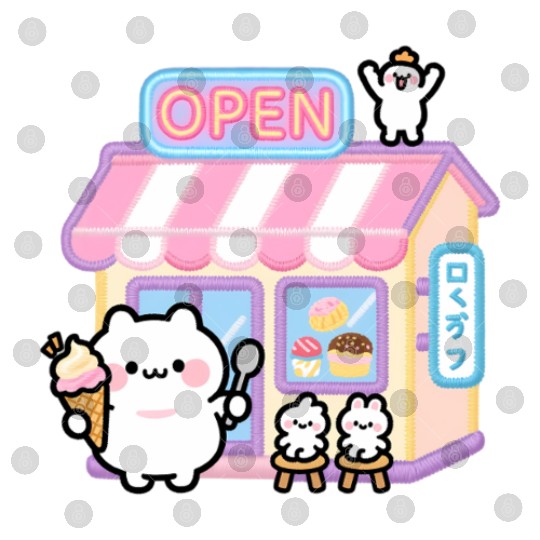Kawaii Cat Ice Cream Shop Illustration Digital Files