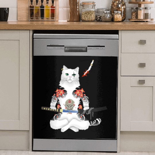 Japanese Samurai Cat Katana Ninja Yakuza Tattoo Dish Washer Covers