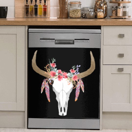Floral Cow Skull With Feathers Bull Skull Dish Washer Covers