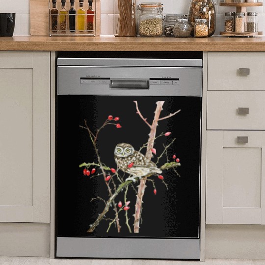 Little Owl On Rosehip - Garden Birds In Spring Dish Washer Covers