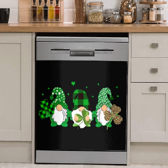 Three Gnomes Holding Shamrock Leopard Plaid Dish Washer Covers