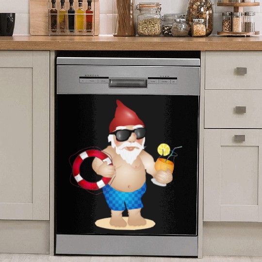 Garden gnome with swimming trunks and lifebuoy Dish Washer Covers