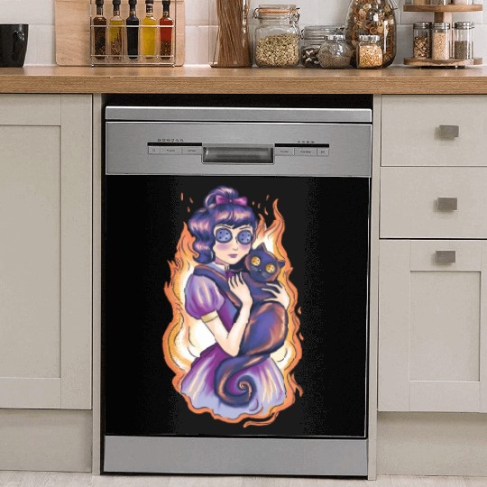 Creepy scary girl with cat Creepy scary girl with Dish Washer Covers