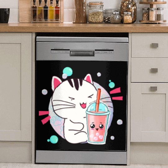 Kawaii Anime Cat Bubble Tea Fan Dish Washer Covers