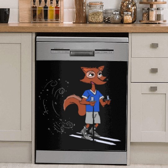 Winter fox goes skiing with polls and boots blue Dish Washer Covers