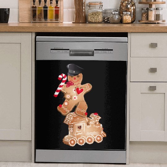 Gingerbread man as engine driver on the locomotive Dish Washer Covers