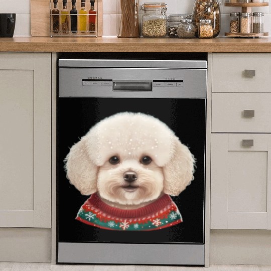 Festive Bichon Frise in a Christmas Sweater Dish Washer Covers
