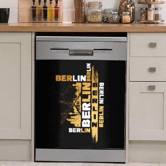 Berlin Germany German City Skyline Font Gold Dish Washer Covers