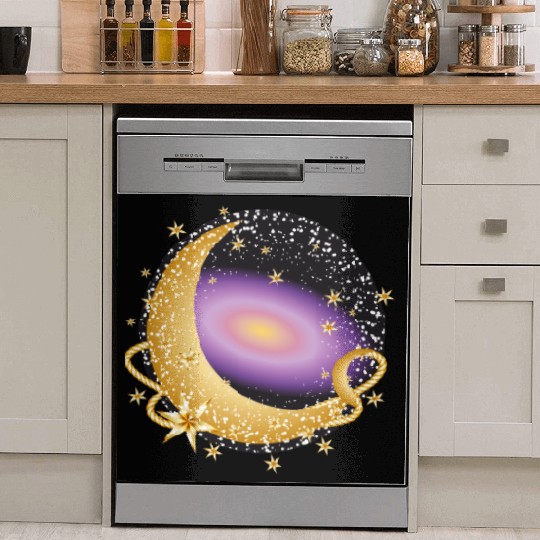 glowing violet galaxy with moon and stars Dish Washer Covers