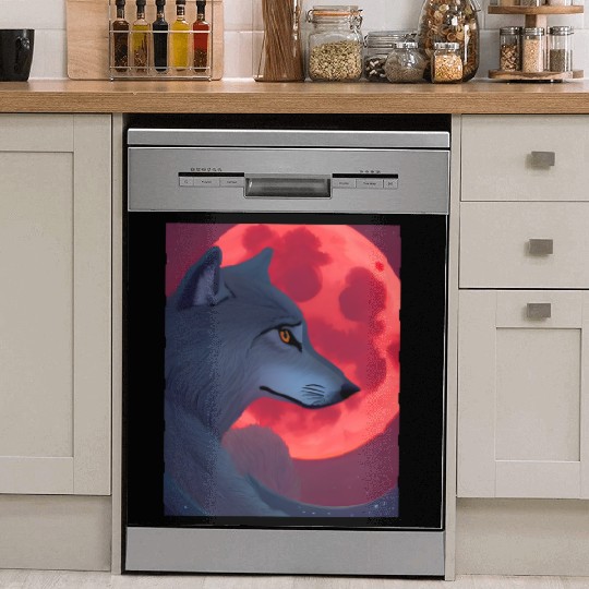 A Grey Wolf Staring at a Blood Moon Dish Washer Covers