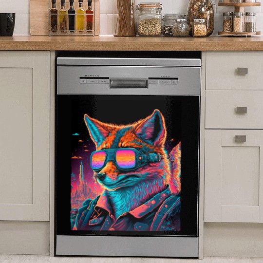 Retro Futuristic Synthwave Fox Dish Washer Covers