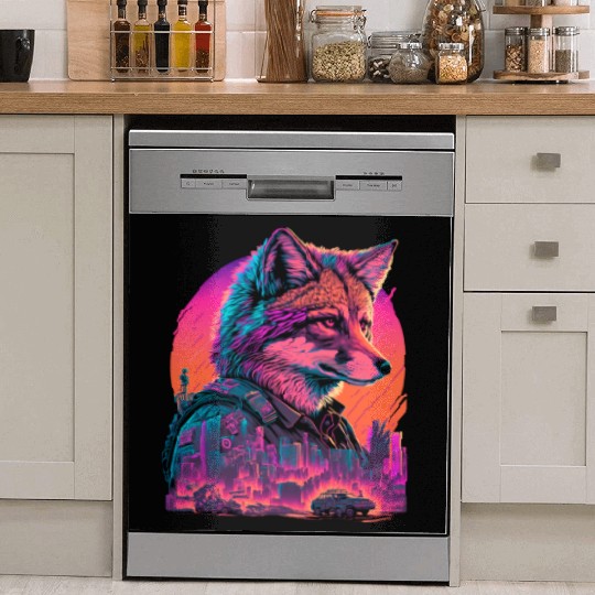 Retro Futuristic Synthwave Fox Dish Washer Covers