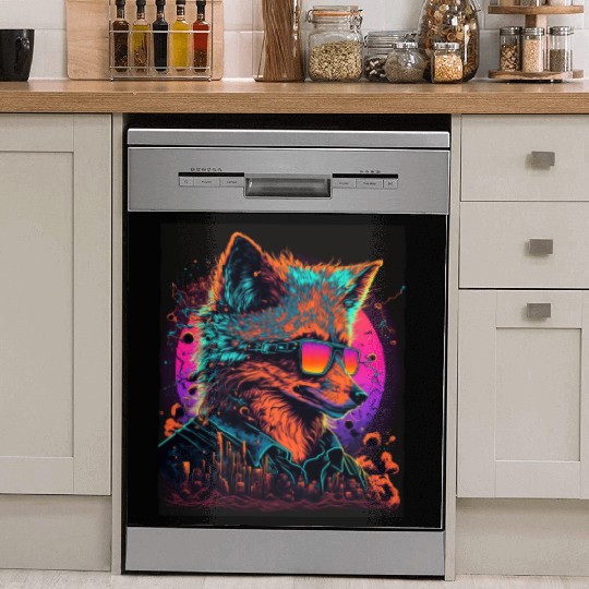 Retro Futuristic Synthwave Fox Dish Washer Covers