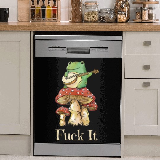 Cottagecore Frog Playing Guitar says Fuck It Dish Washer Covers