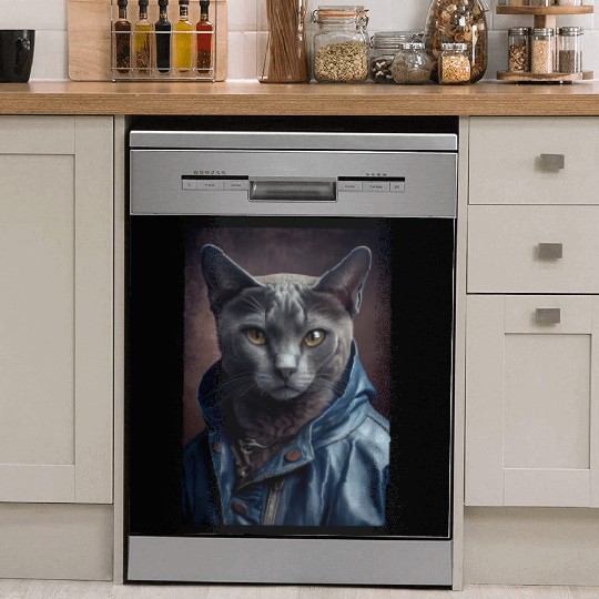 Russian Blue Cat Breed Portrait wears a leather j Dish Washer Covers