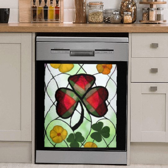 Red plaid Shamrock with Yellow Poppies (AI Art) Dish Washer Covers